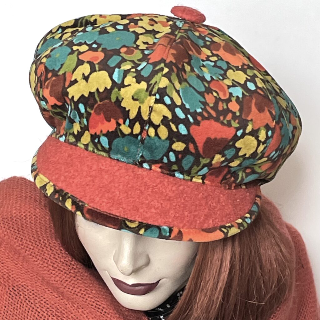 Handmade Casquette Cap by Fanfreluche of Ottawa in Autumn printed velveteen and pumpkin boiled wool.